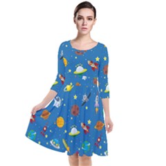 Space Rocket Solar System Pattern Quarter Sleeve Waist Band Dress by Vaneshart