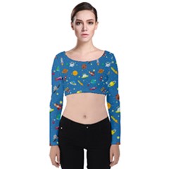 Space Rocket Solar System Pattern Velvet Long Sleeve Crop Top