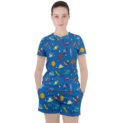 Space Rocket Solar System Pattern Women s Tee And Shorts Set by Vaneshart