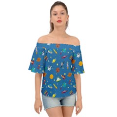 Space Rocket Solar System Pattern Off Shoulder Short Sleeve Top by Vaneshart