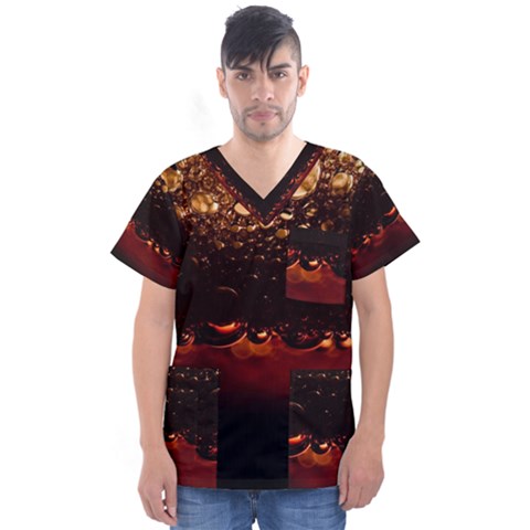 Water Drops Bubbles Macro Close Up Brown Men s V-neck Scrub Top by Vaneshart