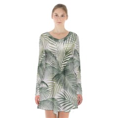 Vector Palm Leaves Pattern  Illustration Long Sleeve Velvet V-neck Dress