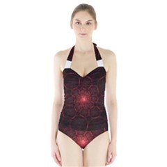 Fractal Spiral Depth Light Red Swirling Lines Halter Swimsuit by Vaneshart