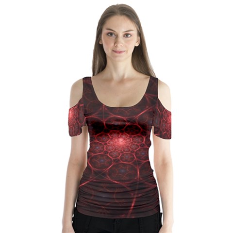 Fractal Spiral Depth Light Red Swirling Lines Butterfly Sleeve Cutout Tee  by Vaneshart