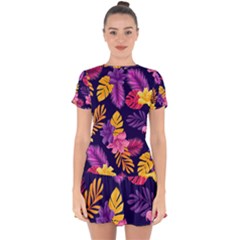 Tropical Pattern Drop Hem Mini Chiffon Dress by Vaneshart