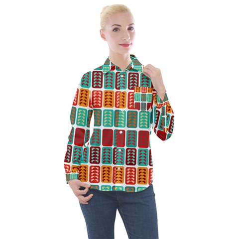 Bricks Abstract Seamless Pattern Women s Long Sleeve Pocket Shirt by Vaneshart