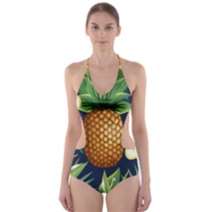 Tropical Pattern Pineapple Flowers Floral Fon Tropik Ananas Cut-out One Piece Swimsuit by Vaneshart