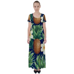 Tropical Pattern Pineapple Flowers Floral Fon Tropik Ananas High Waist Short Sleeve Maxi Dress