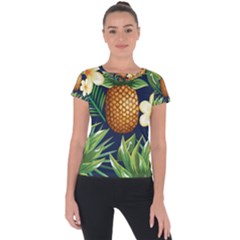 Tropical Pattern Pineapple Flowers Floral Fon Tropik Ananas Short Sleeve Sports Top  by Vaneshart