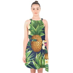 Tropical Pattern Pineapple Flowers Floral Fon Tropik Ananas Halter Collar Waist Tie Chiffon Dress by Vaneshart