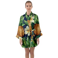 Tropical Pattern Pineapple Flowers Floral Fon Tropik Ananas Long Sleeve Satin Kimono by Vaneshart