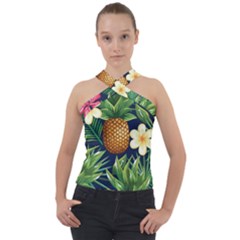 Tropical Pattern Pineapple Flowers Floral Fon Tropik Ananas Cross Neck Velour Top by Vaneshart