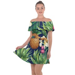 Tropical Pattern Pineapple Flowers Floral Fon Tropik Ananas Off Shoulder Velour Dress by Vaneshart