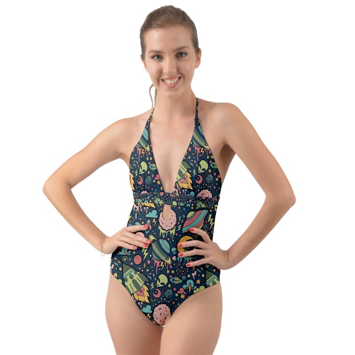 Texture Patterns Aliens Rockets Space Halter Cut-Out One Piece Swimsuit