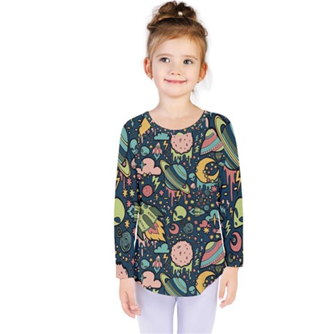 Texture Patterns Aliens Rockets Space Kids  Long Sleeve Tee by Vaneshart