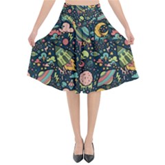 Texture Patterns Aliens Rockets Space Flared Midi Skirt by Vaneshart