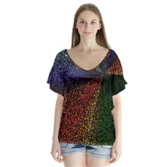 Abstract Colorful Pieces Mosaics V-neck Flutter Sleeve Top by Vaneshart