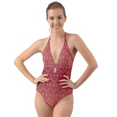 Red Gold Art Decor Halter Cut-out One Piece Swimsuit