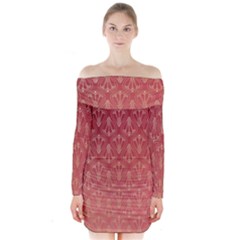 Red Gold Art Decor Long Sleeve Off Shoulder Dress