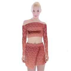 Red Gold Art Decor Off Shoulder Top With Mini Skirt Set