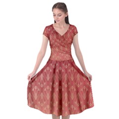 Red Gold Art Decor Cap Sleeve Wrap Front Dress