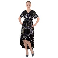 Abstract Black Blue Bright Circle Front Wrap High Low Dress