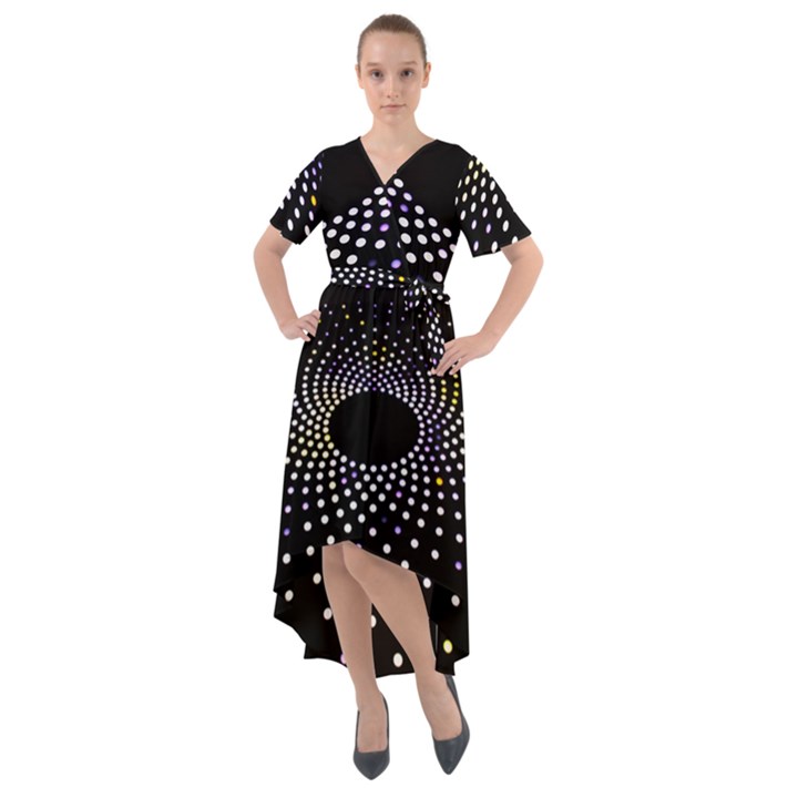 Abstract Black Blue Bright Circle Front Wrap High Low Dress