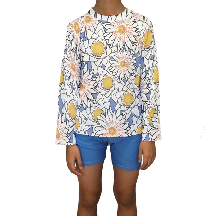 Flowers Pattern Lotus Lily Kids  Long Sleeve Swimwear