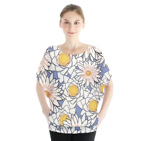 Flowers Pattern Lotus Lily Batwing Chiffon Blouse by HermanTelo