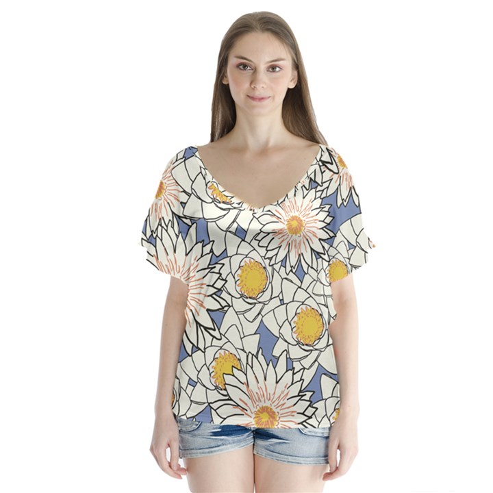 Flowers Pattern Lotus Lily V-Neck Flutter Sleeve Top