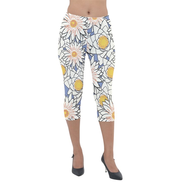 Flowers Pattern Lotus Lily Lightweight Velour Capri Leggings 