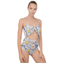 Flowers Pattern Lotus Lily Scallop Top Cut Out Swimsuit