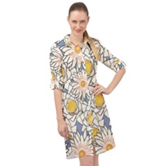 Flowers Pattern Lotus Lily Long Sleeve Mini Shirt Dress