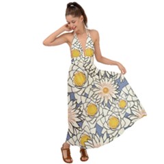 Flowers Pattern Lotus Lily Backless Maxi Beach Dress