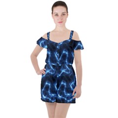 Lightning Electricity Pattern Blue Ruffle Cut Out Chiffon Playsuit by Mariart