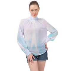 Pastel Eiffel s Tower, Paris High Neck Long Sleeve Chiffon Top by Lullaby