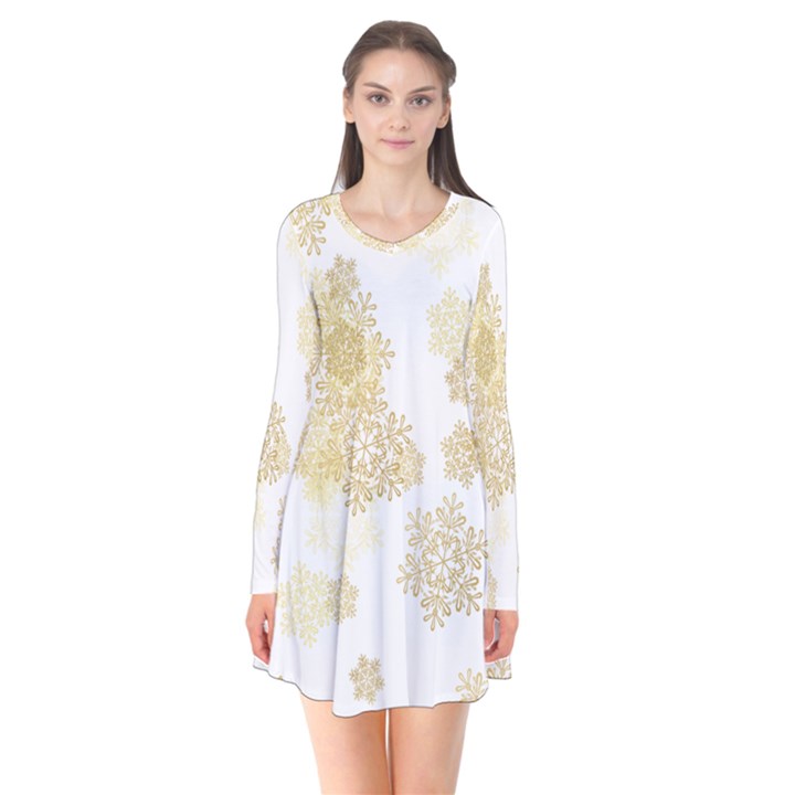 Christmas gold stars snow flakes  Long Sleeve V-neck Flare Dress