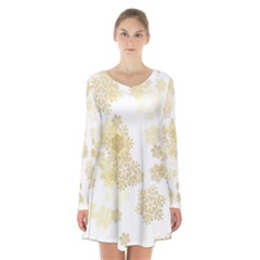 Christmas Gold Stars Snow Flakes  Long Sleeve Velvet V-neck Dress