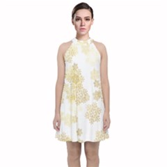 Christmas Gold Stars Snow Flakes  Velvet Halter Neckline Dress 