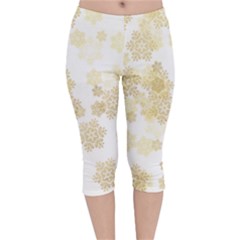 Christmas Gold Stars Snow Flakes  Velvet Capri Leggings 