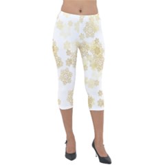 Christmas Gold Stars Snow Flakes  Lightweight Velour Capri Leggings  by Lullaby