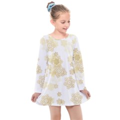 Christmas Gold Stars Snow Flakes  Kids  Long Sleeve Dress