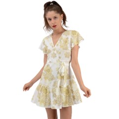 Christmas Gold Stars Snow Flakes  Flutter Sleeve Wrap Dress by Lullaby