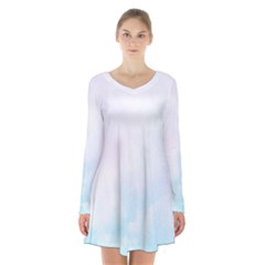 Pink Blue Blurry Pastel Watercolour Ombre Long Sleeve Velvet V-neck Dress