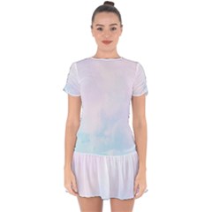 Pink Blue Blurry Pastel Watercolour Ombre Drop Hem Mini Chiffon Dress by Lullaby