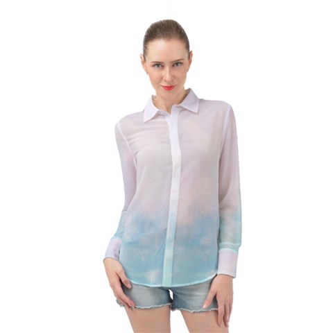 Pink Blue Blurry Pastel Watercolour Ombre Long Sleeve Chiffon Shirt by Lullaby