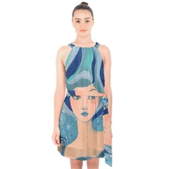 Blue Girl Halter Collar Waist Tie Chiffon Dress by CKArtCreations