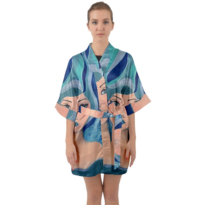 Blue Girl Half Sleeve Satin Kimono 