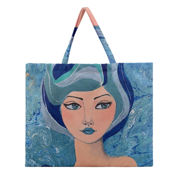 Blue Girl Zipper Large Tote Bag