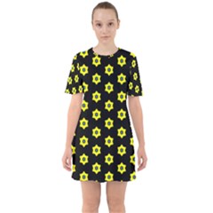 Pattern Yellow Stars Black Background Sixties Short Sleeve Mini Dress by Simbadda